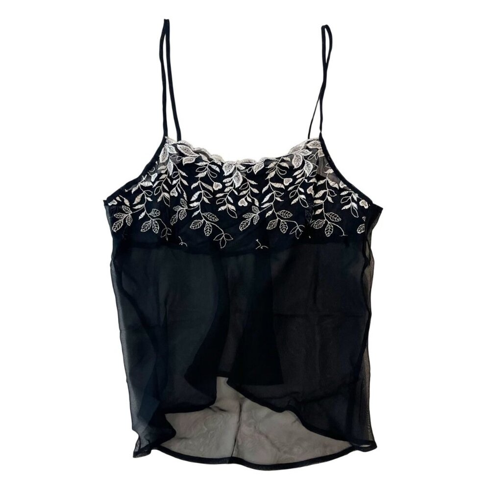 Vintage Black Mesh Floral Camisole Sheer Lingerie Y2K Fairy Whimsigoth LARGE‎